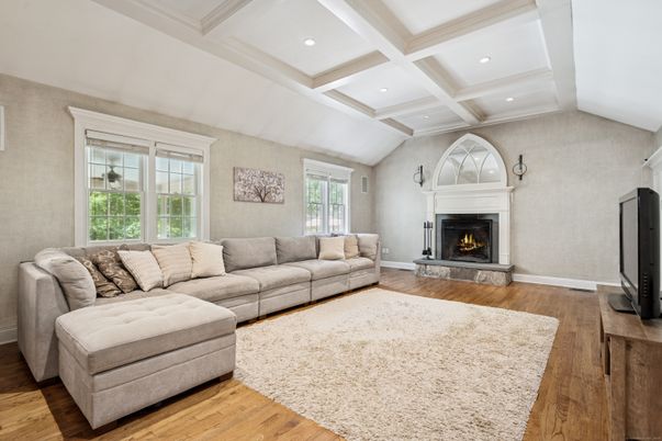 Fireplace, Interior, Living room, Recessed Lighting, Wood Texture Flooring