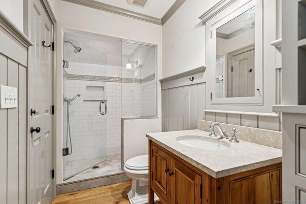 Bathroom, Glass Shower, Interior, Wood Texture Flooring