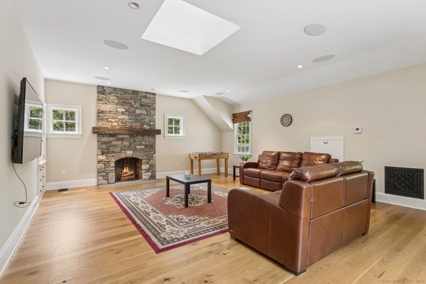 Fireplace, Interior, Living room, Recessed Lighting, Wood Texture Flooring