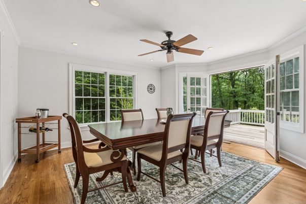 Dining room, Interior, Recessed Lighting, Wood Texture Flooring