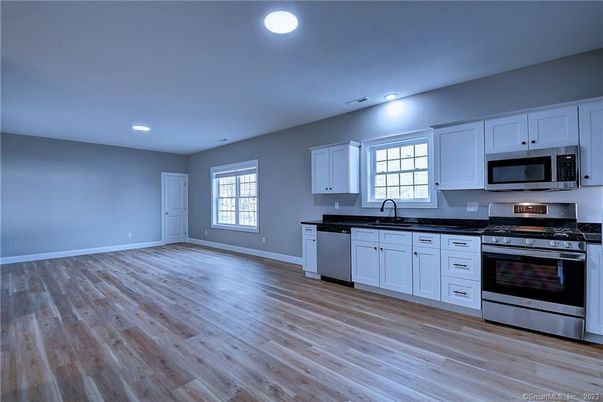 Interior, Kitchen, Recessed Lighting, Stainless Steel Appliances, Wood Texture Flooring