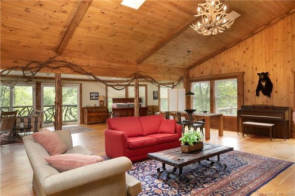 Chandelier, Dining room, Interior, Living room, Piano, Wooden Beams, Wooden Ceilings, Wood Texture Flooring, Wooden Walls