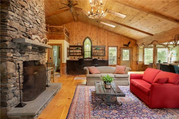 Chandelier, Fireplace, Interior, Living room, Stone Walls, Wooden Beams, Wooden Ceilings, Wood Texture Flooring, Wooden Walls
