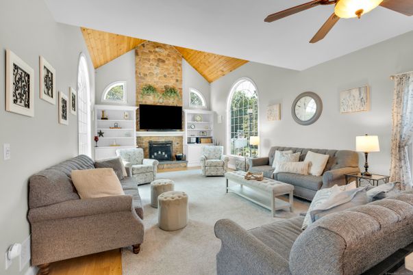 Fireplace, Interior, Living room, Stone Walls, Wooden Ceilings, Wood Texture Flooring