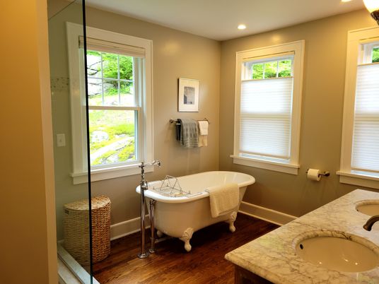 Bathroom, Free Standing Baths, Interior, Recessed Lighting, Wood Texture Flooring