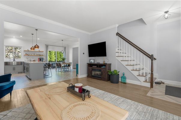 Dining room, Fireplace, Interior, Kitchen, Pendant Lights, Recessed Lighting, Wood Texture Flooring