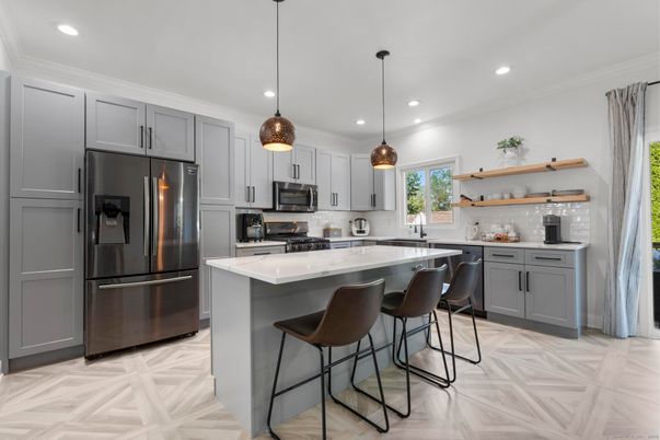 Interior, Kitchen, Pendant Lights, Recessed Lighting, Stainless Steel Appliances, Wood Texture Flooring