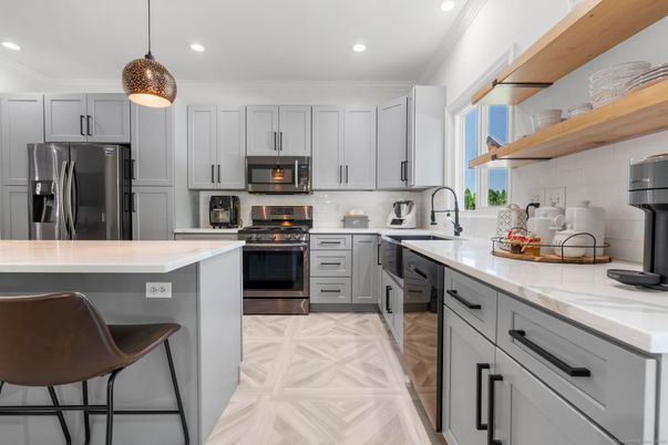 Interior, Kitchen, Pendant Lights, Recessed Lighting, Stainless Steel Appliances, Wood Texture Flooring