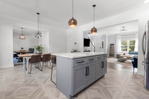 Dining room, Interior, Kitchen, Living room, Pendant Lights, Wood Texture Flooring