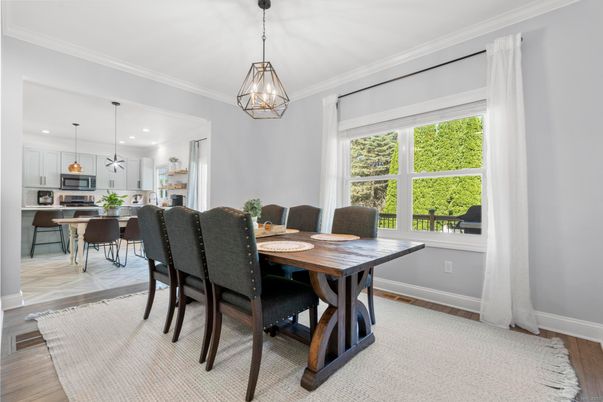 Dining room, Interior, Kitchen, Pendant Lights, Recessed Lighting, Stainless Steel Appliances, Wood Texture Flooring