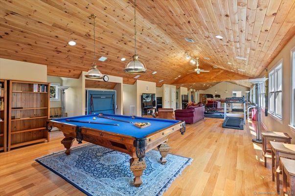 Billiard Table, Game Room, Interior, Pendant Lights, Recessed Lighting, Wooden Ceilings, Wood Texture Flooring