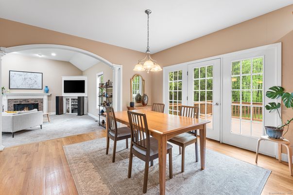 Dining room, Fireplace, Interior, Pendant Lights, Recessed Lighting, Wood Texture Flooring