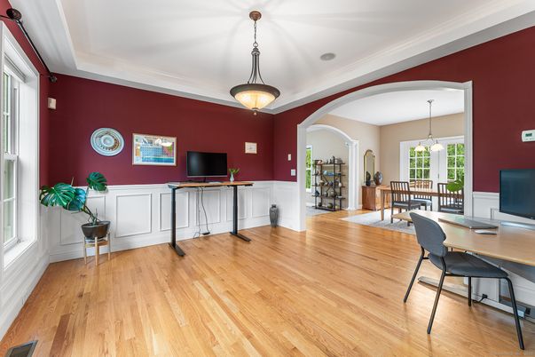 Home Office, Interior, Pendant Lights, Wood Texture Flooring