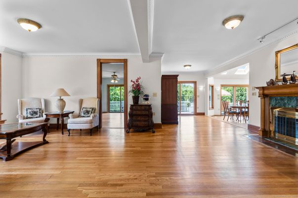 Dining room, Fireplace, Interior, Wood Texture Flooring