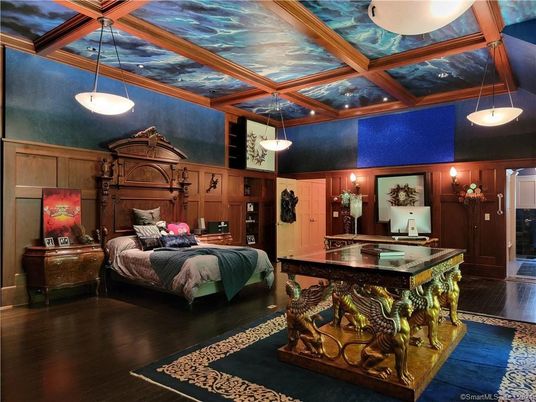Bedroom, Interior, Pendant Lights, Wood Texture Flooring, Wooden Walls