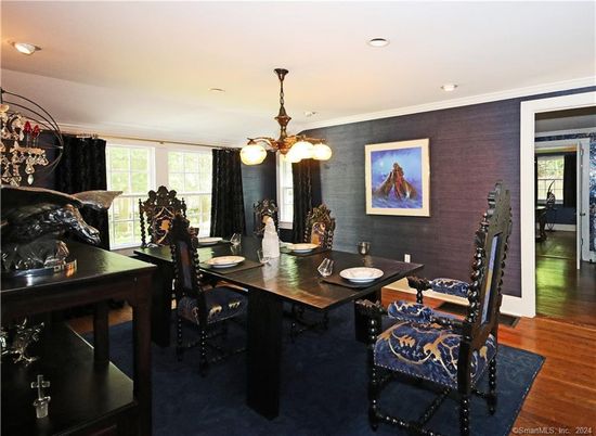 Dining room, Interior, Pendant Lights, Recessed Lighting, Wood Texture Flooring