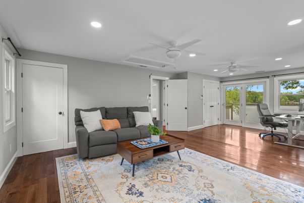 Home Office, Interior, Living room, Recessed Lighting, Wood Texture Flooring