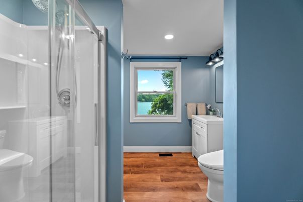 Bathroom, Interior, Recessed Lighting, Wood Texture Flooring
