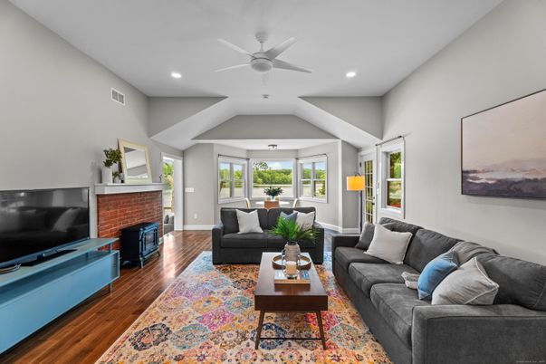 Fireplace, Interior, Living room, Recessed Lighting, Wood Texture Flooring