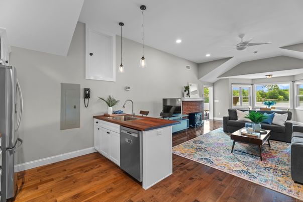 Fireplace, Interior, Kitchen, Living room, Pendant Lights, Recessed Lighting, Wood Texture Flooring