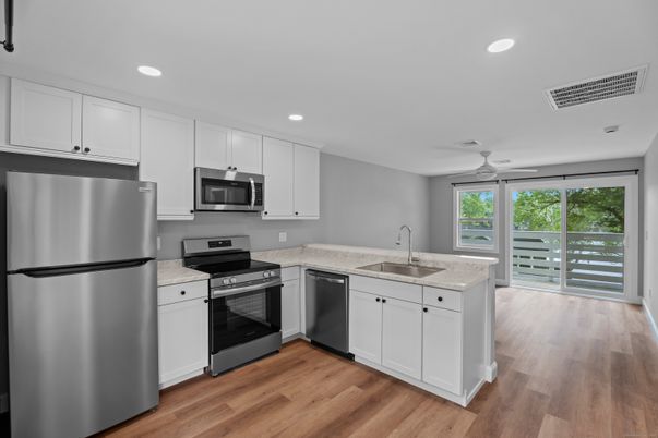 Interior, Kitchen, Recessed Lighting, Stainless Steel Appliances, Wood Texture Flooring
