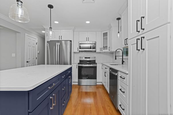 Interior, Kitchen, Pendant Lights, Recessed Lighting, Stainless Steel Appliances, Wood Texture Flooring
