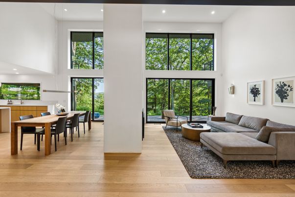 Dining room, Interior, Living room, Recessed Lighting, Wood Texture Flooring