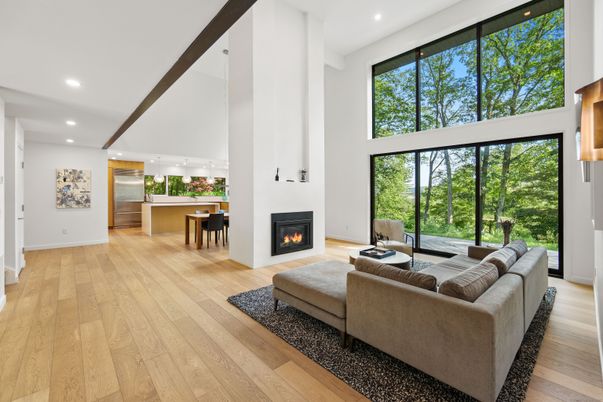 Fireplace, Interior, Kitchen, Living room, Pendant Lights, Recessed Lighting, Wood Texture Flooring