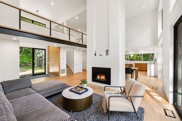 Fireplace, Interior, Living room, Recessed Lighting, Wood Texture Flooring