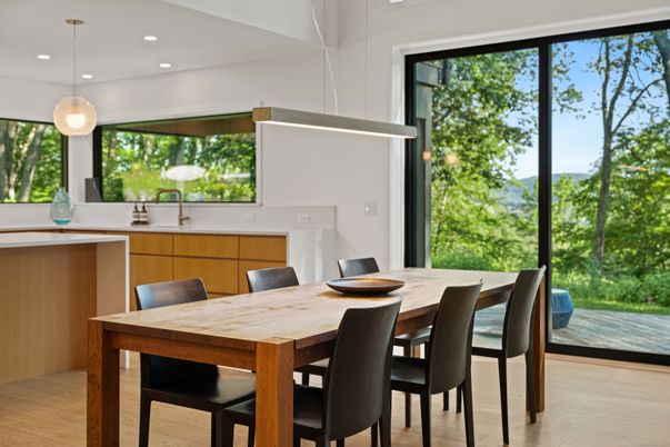 Dining room, Interior, Pendant Lights, Recessed Lighting, Wood Texture Flooring