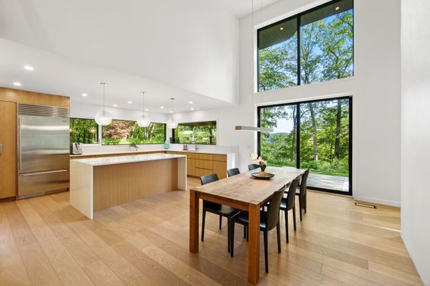 Dining room, Interior, Kitchen, Pendant Lights, Recessed Lighting, Stainless Steel Appliances, Wood Texture Flooring