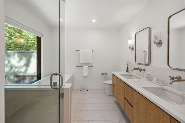 Bathroom, Dual Sink Vanities, Glass Shower, Interior, Recessed Lighting