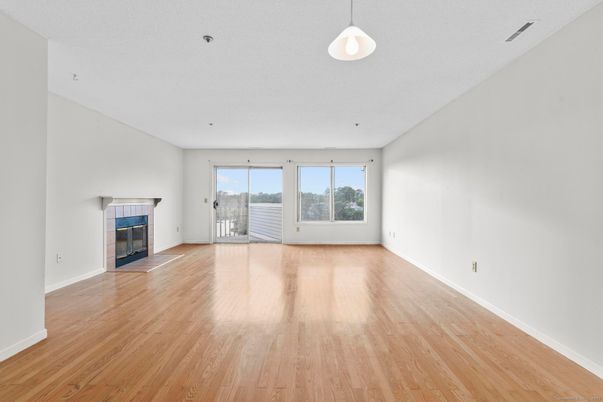 Empty room, Fireplace, Interior, Pendant Lights, Wood Texture Flooring