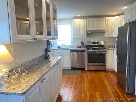 Interior, Kitchen, Recessed Lighting, Stainless Steel Appliances, Wood Texture Flooring