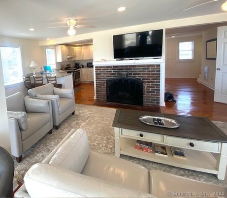 Fireplace, Interior, Kitchen, Living room, Recessed Lighting, Wood Texture Flooring