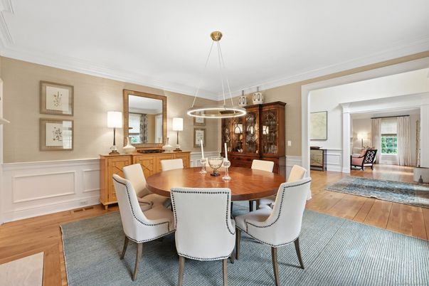 Dining room, Interior, Pendant Lights, Wood Texture Flooring