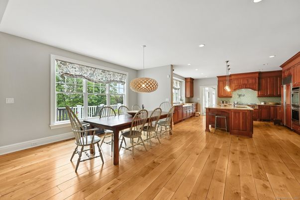 Dining room, Interior, Kitchen, Pendant Lights, Recessed Lighting, Wood Texture Flooring