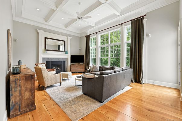 Fireplace, Interior, Living room, Recessed Lighting, Wood Texture Flooring