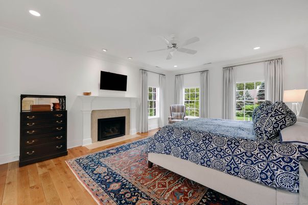 Bedroom, Fireplace, Interior, Recessed Lighting, Wood Texture Flooring