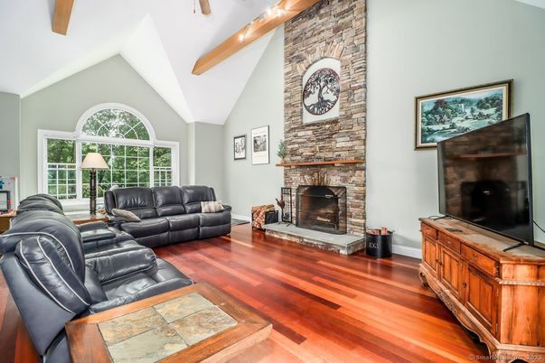 Fireplace, Interior, Living room, Stone Walls, Wooden Beams, Wood Texture Flooring