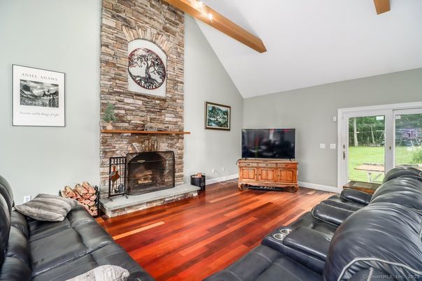 Fireplace, Interior, Living room, Stone Walls, Wooden Beams, Wood Texture Flooring
