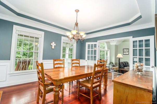 Chandelier, Dining room, Interior, Wood Texture Flooring