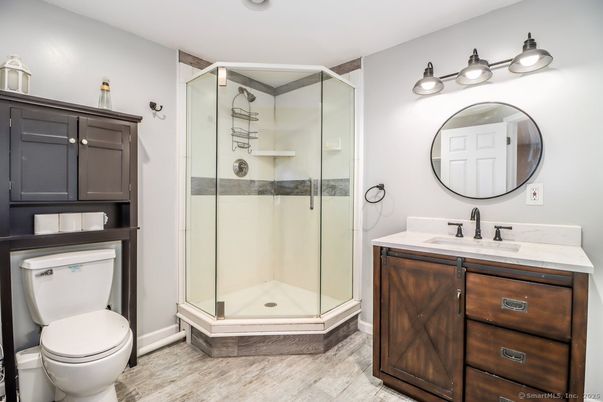 Bathroom, Glass Shower, Interior, Wood Texture Flooring