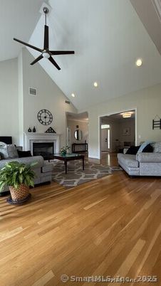 Fireplace, Interior, Living room, Recessed Lighting, Wood Texture Flooring