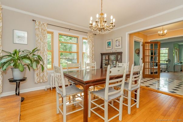 Chandelier, Dining room, Interior, Wood Texture Flooring