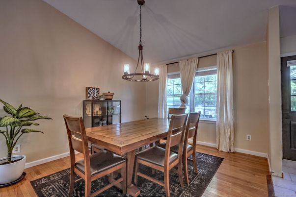 Dining room, Interior, Pendant Lights, Wood Texture Flooring