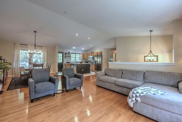 Dining room, Interior, Kitchen, Living room, Pendant Lights, Recessed Lighting, Stainless Steel Appliances, Wood Texture Flooring