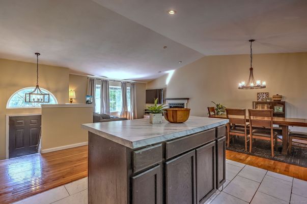 Dining room, Interior, Pendant Lights, Recessed Lighting, Wood Texture Flooring