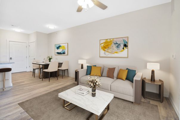Dining room, Interior, Living room, Recessed Lighting, Wood Texture Flooring