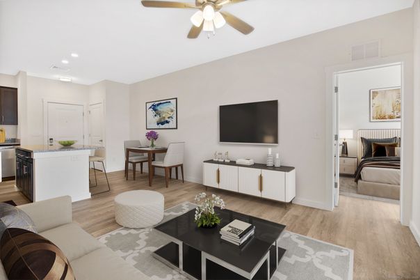 Bedroom, Dining room, Interior, Living room, Recessed Lighting, Wood Texture Flooring